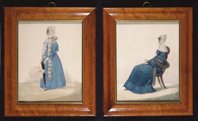 Zwei Porträts einer sitzenden und einer stehenden Dame in blauen Kleidern, ca. 1830 von Richard Dighton